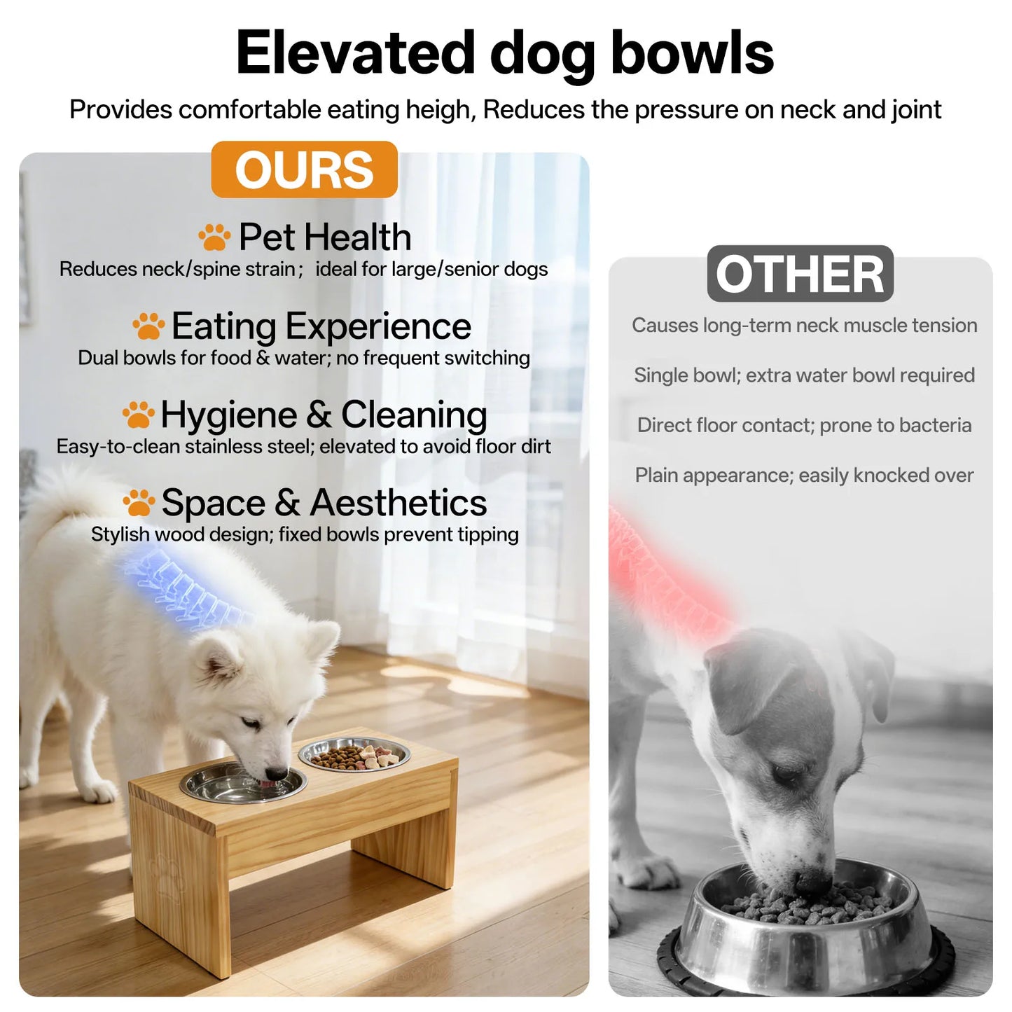 Wooden Elevated Dog Bowls, Raised Pet Feeder with Stainless Steel Double Bowls, Non-Slip Dog Food Water Stand for Medium Large Dogs by S And B Enterprise