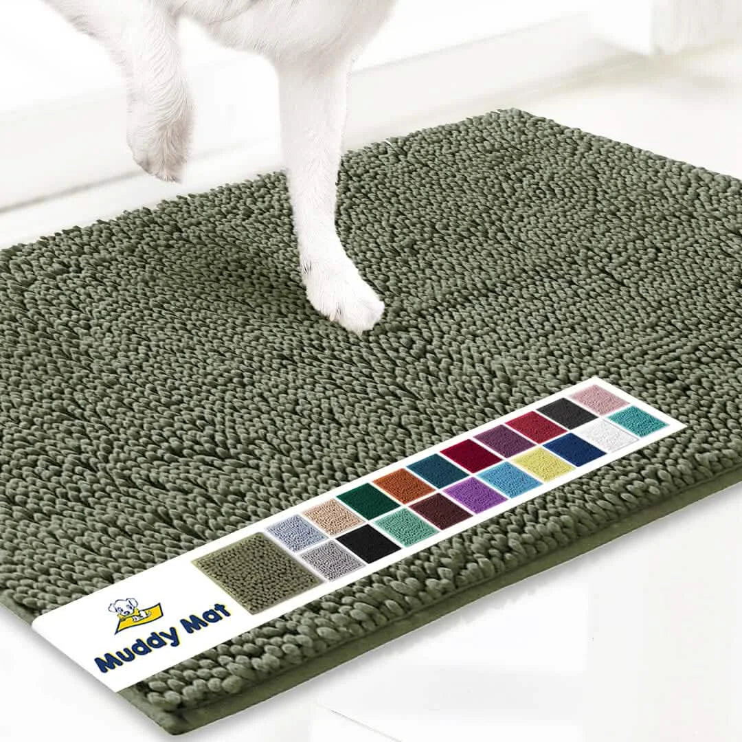 Muddy Mat doormat, green microfiber with Muddy Mat branding for paw-cleaning entryway