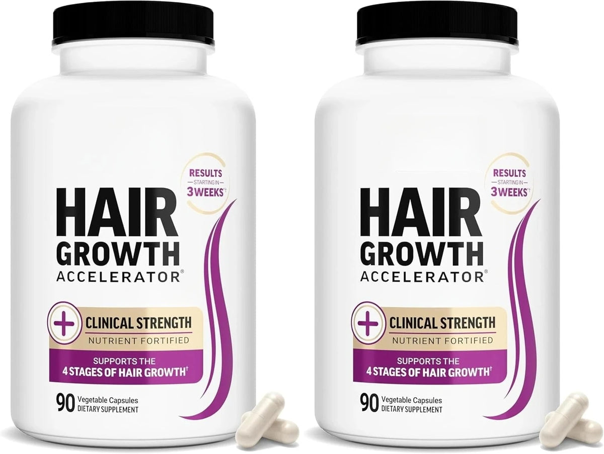 Hair Growth Accelerator capsules by S And B Enterprise, two white bottles with black caps and purple accents