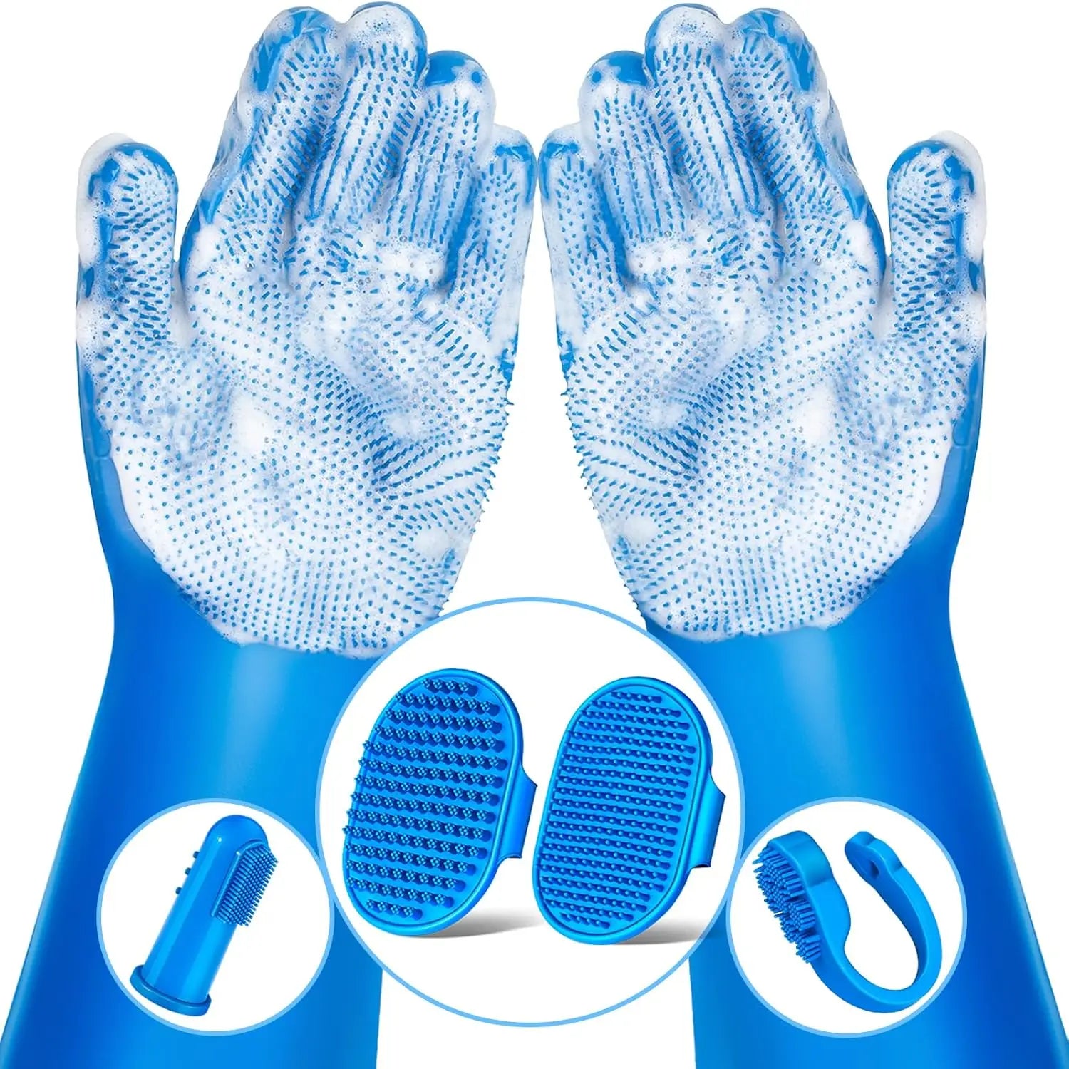 6-piece blue pet grooming kit for dogs and cats with washing gloves and bath brushes by S And B Enterprise