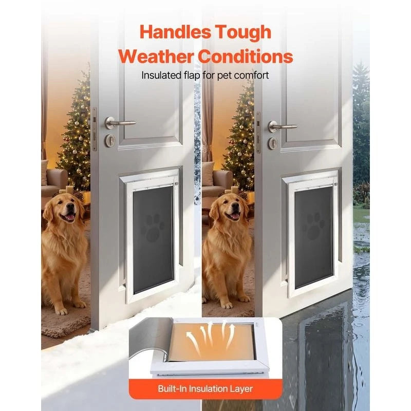 Pet door X-Large, white with three magnetic flaps and metal frame; weatherproof interior/exterior use (two doors shown)