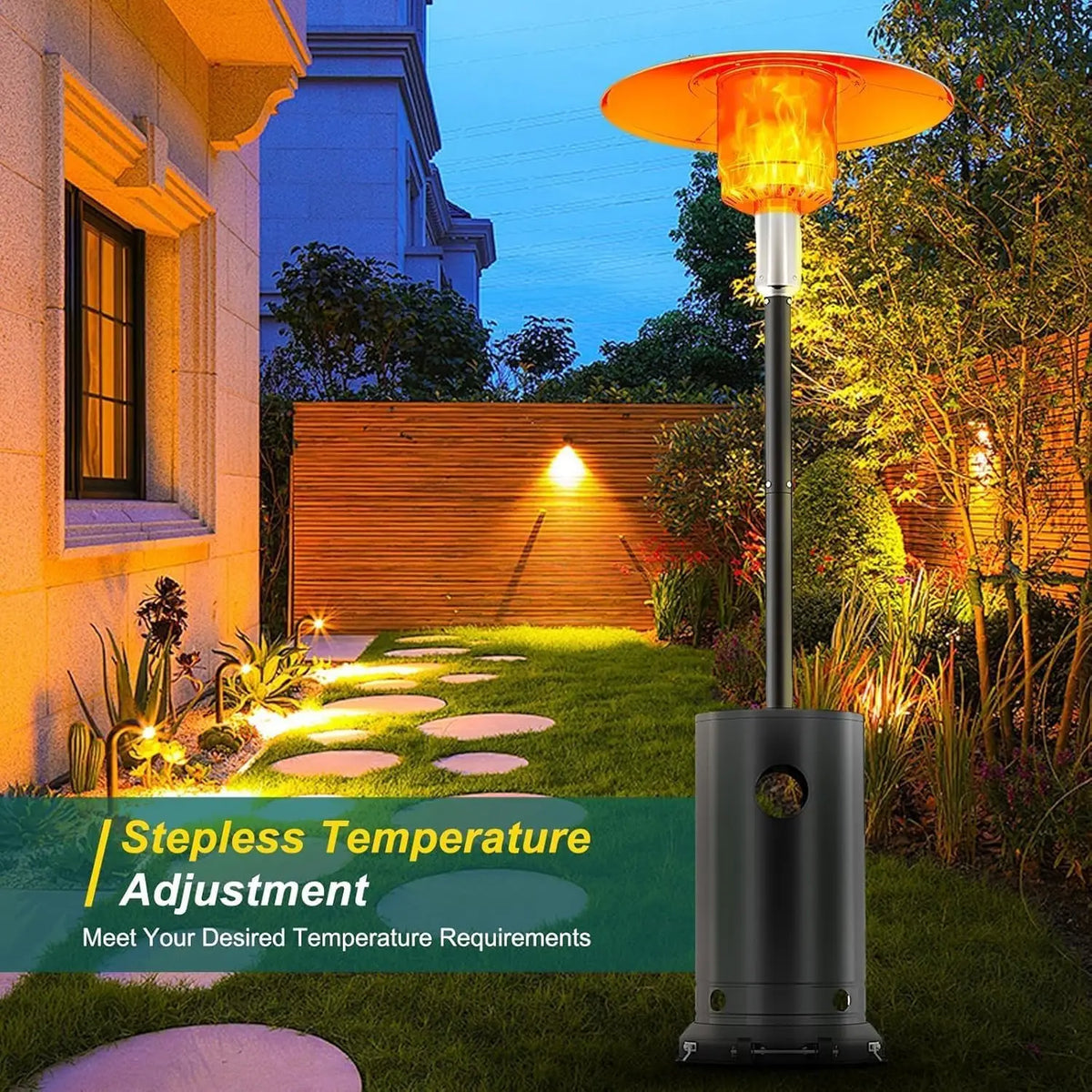 Outdoor gas patio heater, stainless steel body with tall pedestal and visible flame