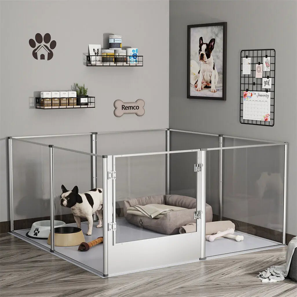 Unique clear acrylic pet playpen by S And B Enterprise with metal frame and door for dogs and small pets.