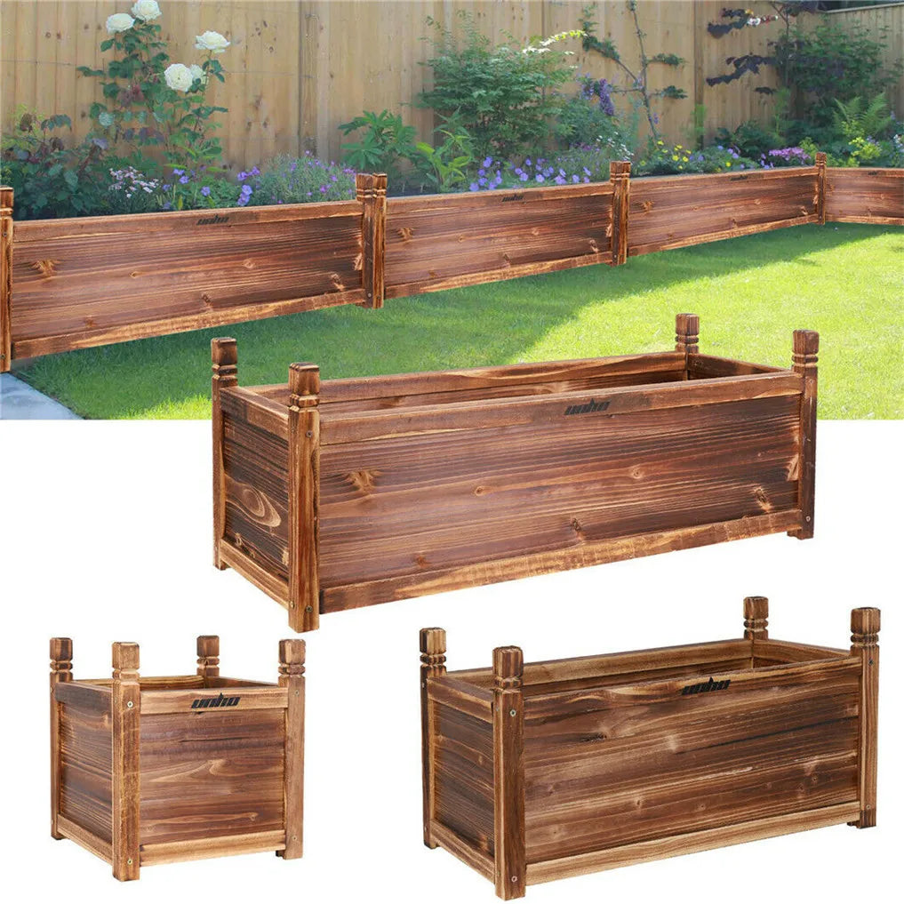 Wooden raised planter boxes set; four brown rectangular planters for indoor/outdoor use.