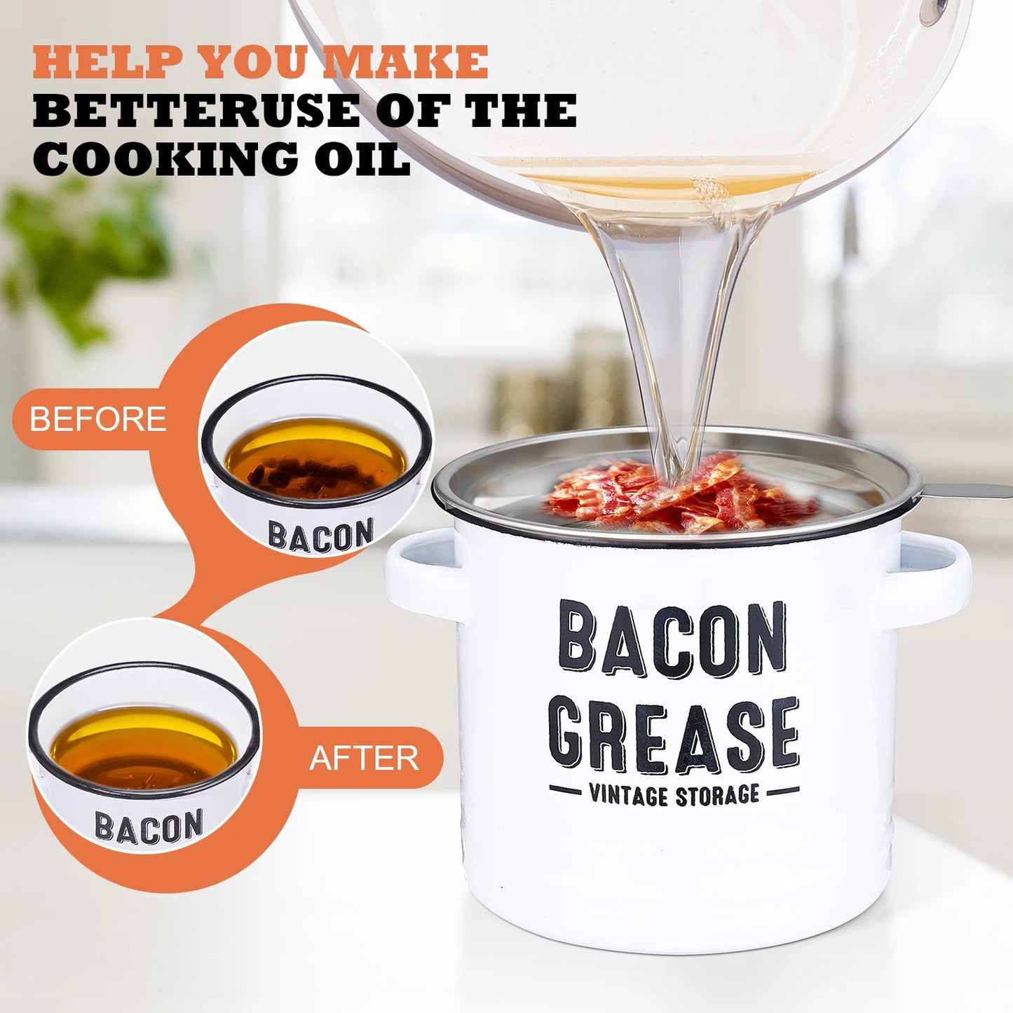 Bacon Grease Container With Strainer Food Saver Bin