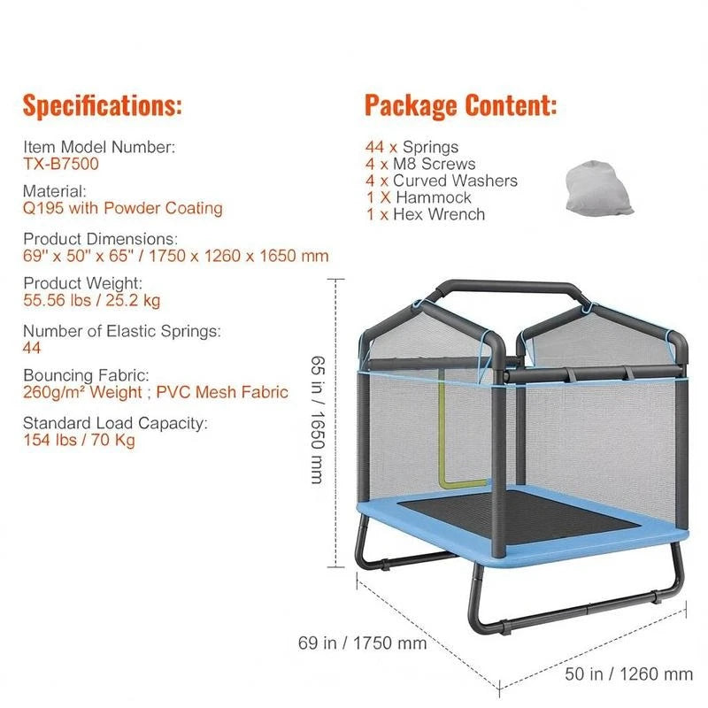 6ft kids trampoline with safety enclosure net, blue frame, indoor/outdoor by S And B Enterprise