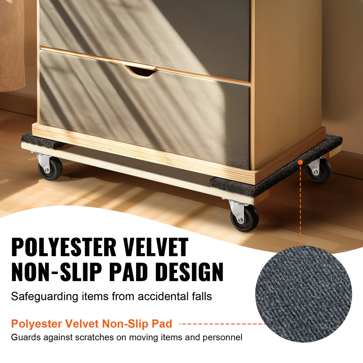 1000lb furniture moving pallet trolley with PP swivel casters under a light wood cabinet