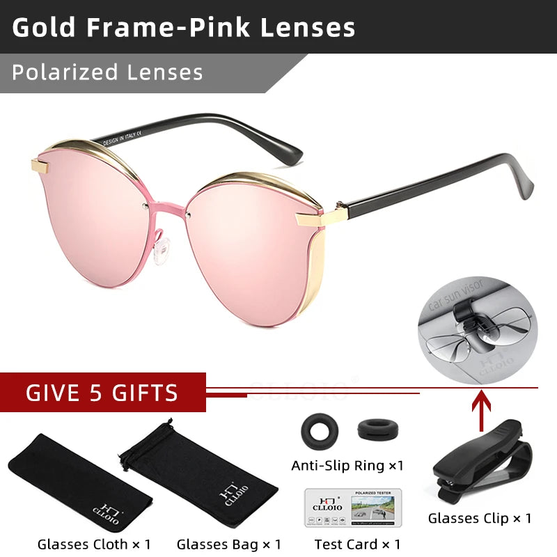 Sunglasses CLLOIO pink polarized lenses with round gold-tone frames and black temples; includes 5 gift accessories.