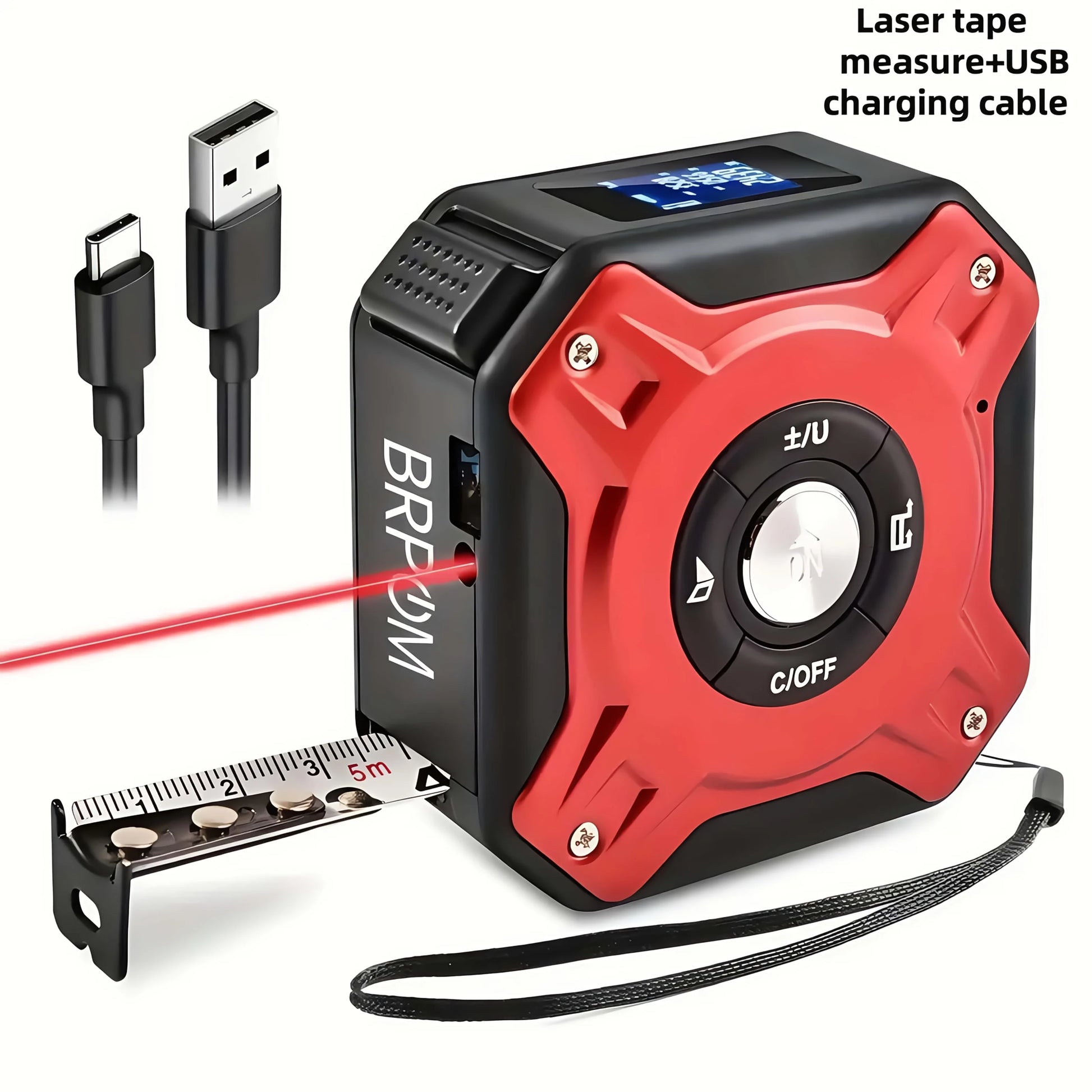 Laser tape measure with 50m tape, red and black body, digital display, USB charging cable by S And B Enterprise