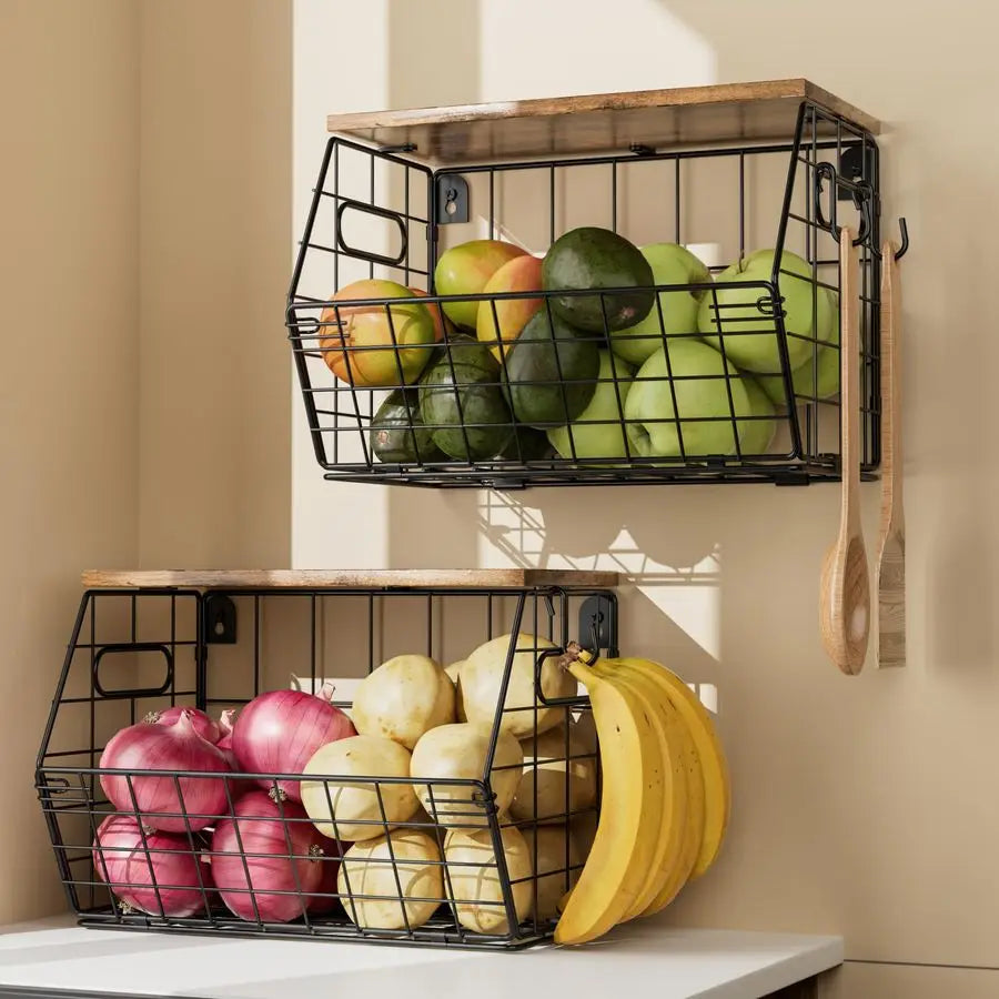 Stackable Metal Fruit Basket With Wood Lid Wall Organizer