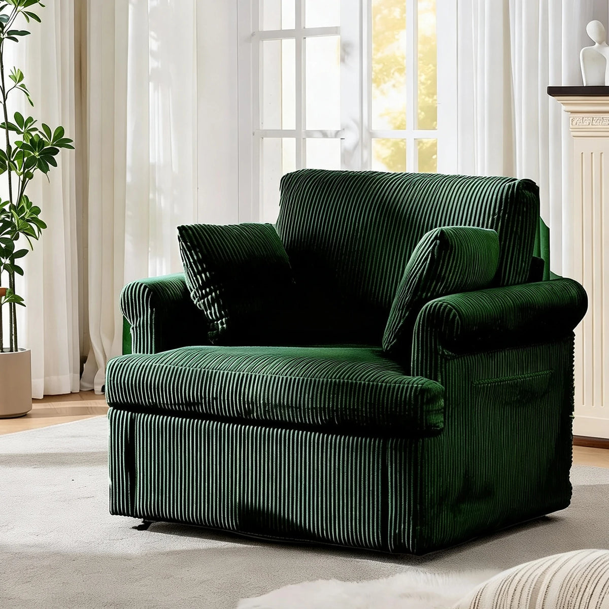 Dark green corduroy 39-inch 360 swivel barrel armchair with two pillows in a living room setting