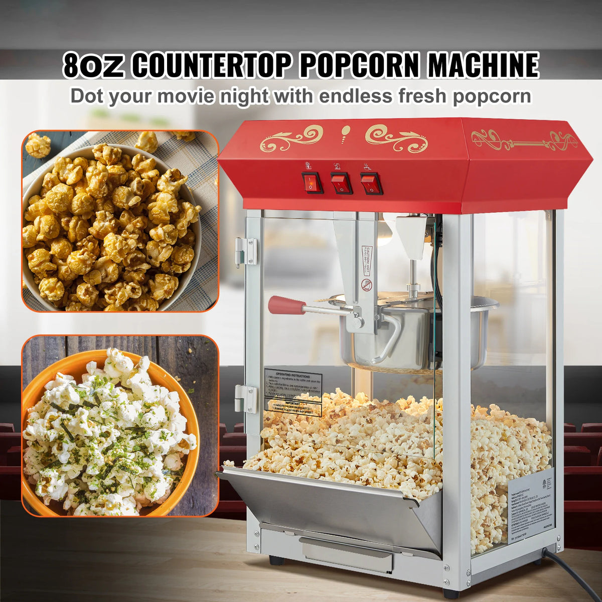 Red countertop electric popcorn popper machine with scoop, 8oz capacity for commercial use