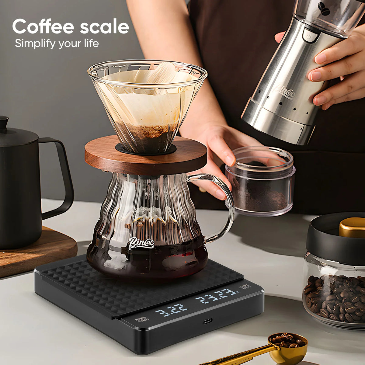 Binco black coffee scale with timer, rechargeable digital scale with 0.1g precision and 3 modes
