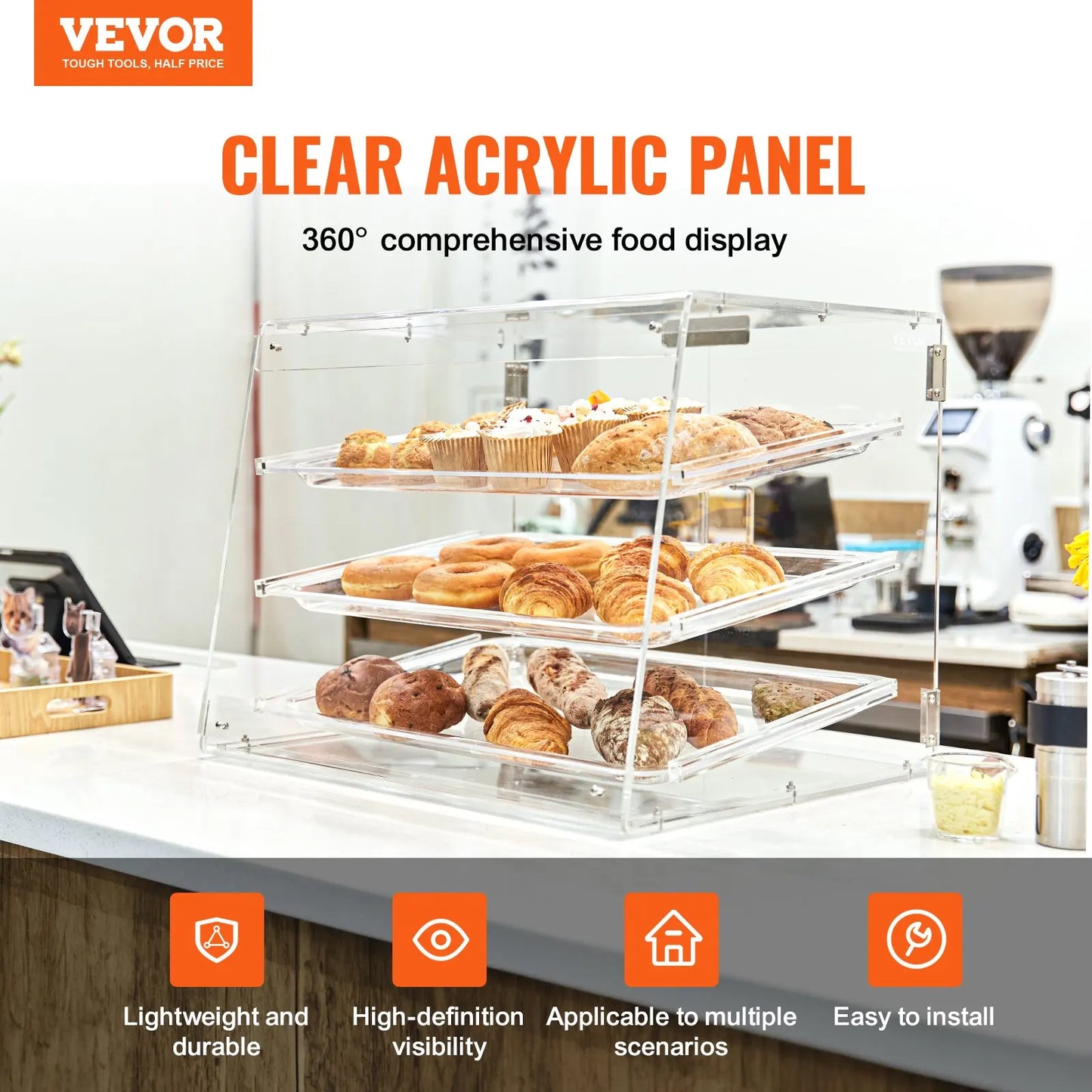 Pastry Display Case 3 Tier Countertop Bakery Acrylic Display Rear Door Access