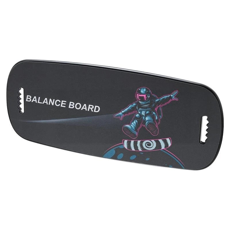 Balance board with black deck featuring astronaut illustration and end grips.