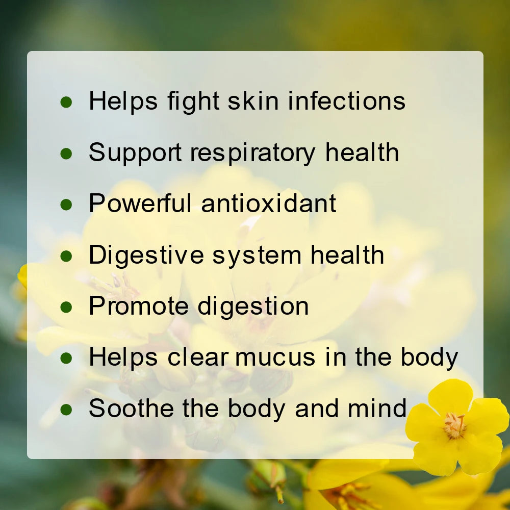 Greenpeople mullein leaf drink benefits list over a yellow flower background; supports lungs and digestion.