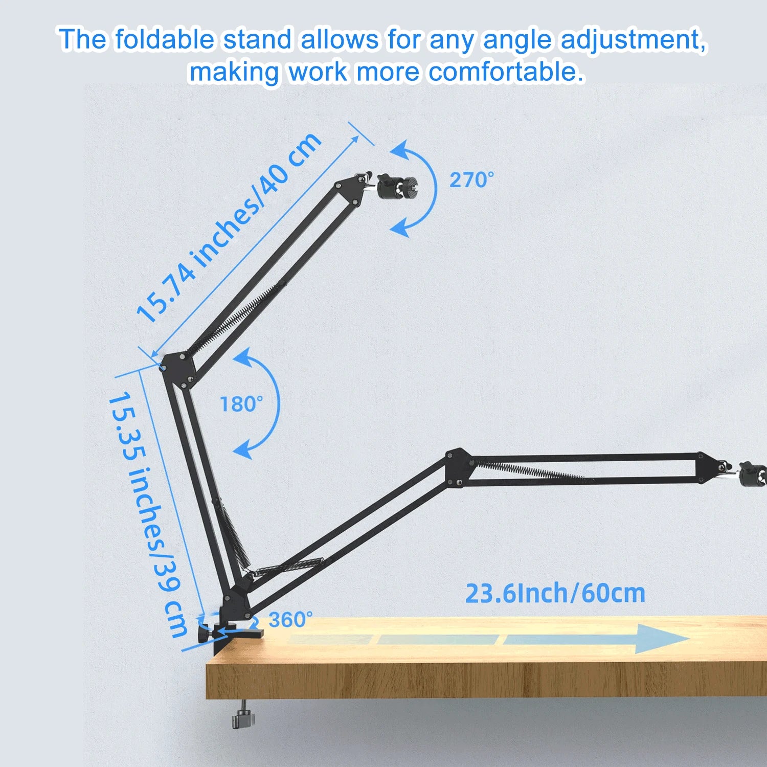 Soldering microscope stand with dual adjustable arms and camera mount on a desk