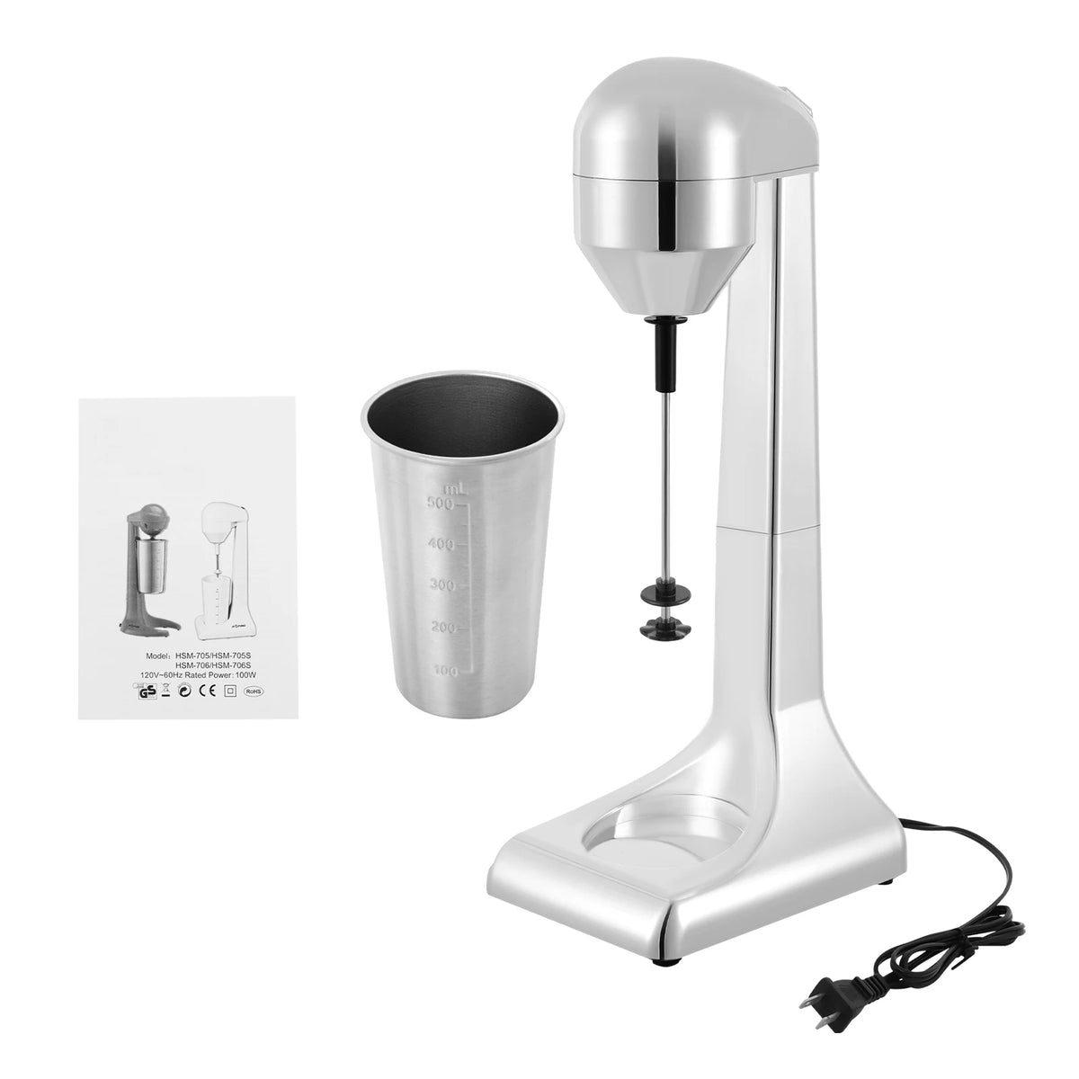 Milkshake maker in chrome with 500ml stainless steel cup; electric drink mixer