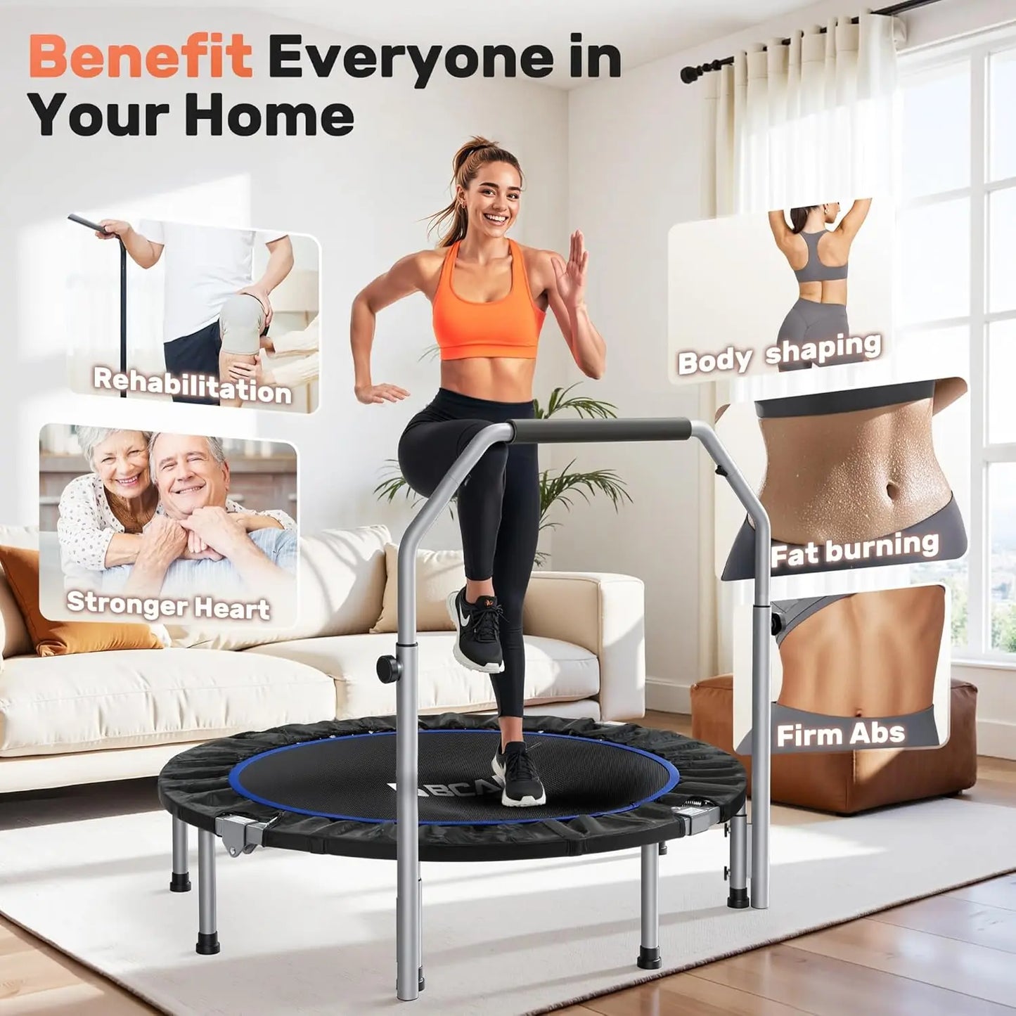 40/48“ Foldable Mini Trampoline with Adjustable Foam Handle Fitness Rebounder for Adults Max Load 440 Lbs Exercise Trampoline by S And B Enterprise