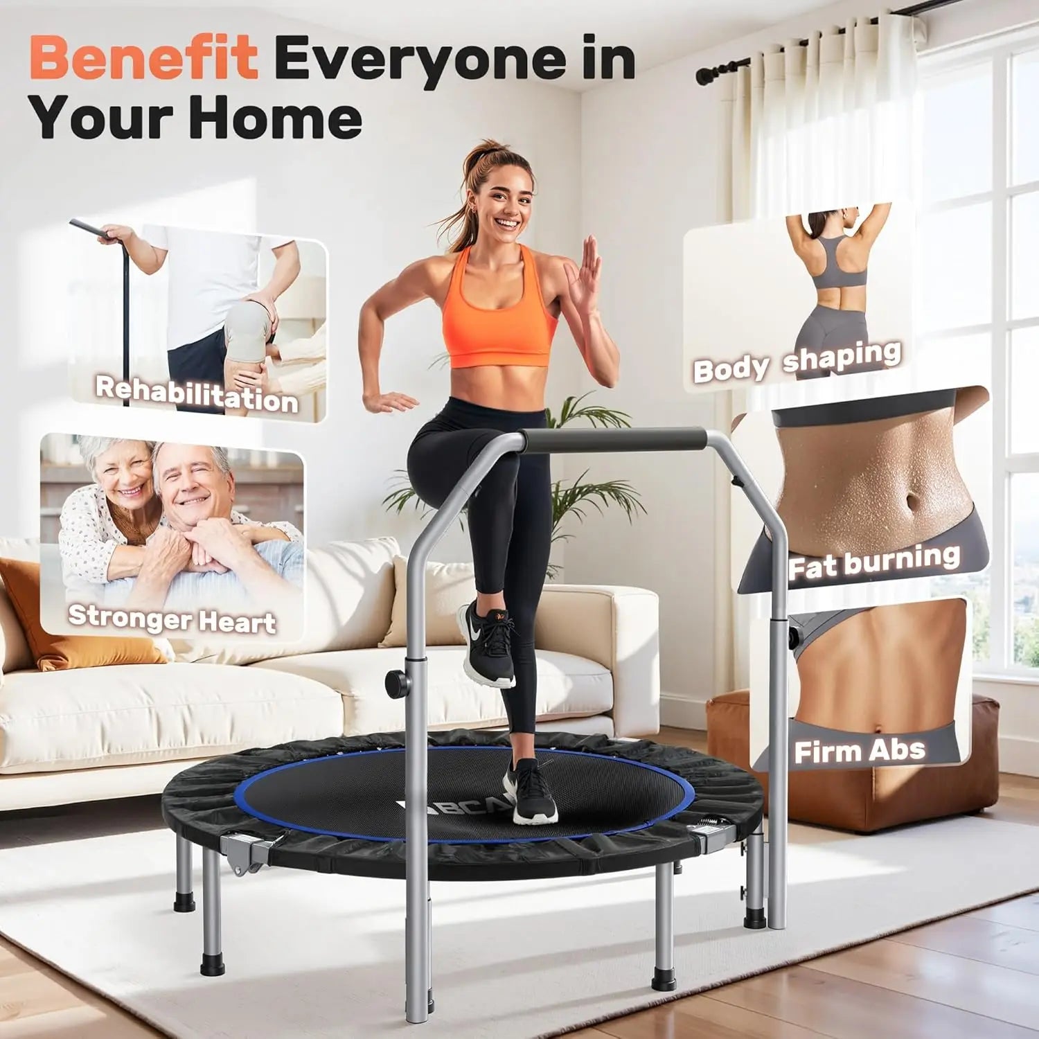 40/48“ Foldable Mini Trampoline with Adjustable Foam Handle Fitness Rebounder for Adults Max Load 440 Lbs Exercise Trampoline by S And B Enterprise