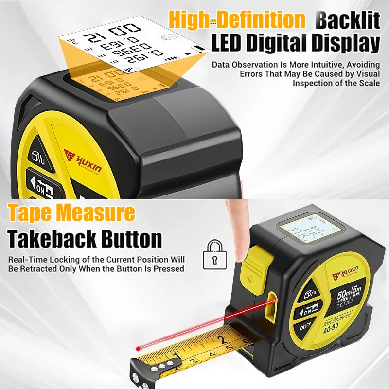Tape measure with digital LED display and laser, 50m steel tape, yellow wheel, by Yuxin