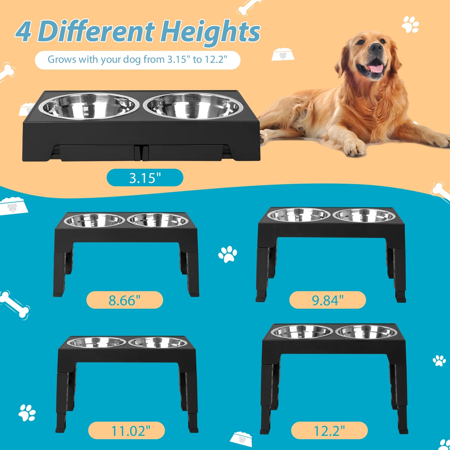 Elevated Dog Bowl Stand With Adjustable Heights And Stainless Steel Bowls by S And B Enterprise
