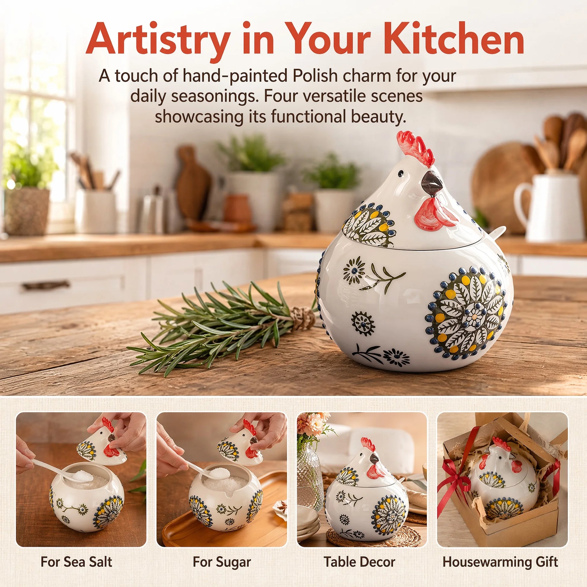 Porcelain Salt Cellar With Lid And Spoon Floral Chicken Design by S And B Enterprise
