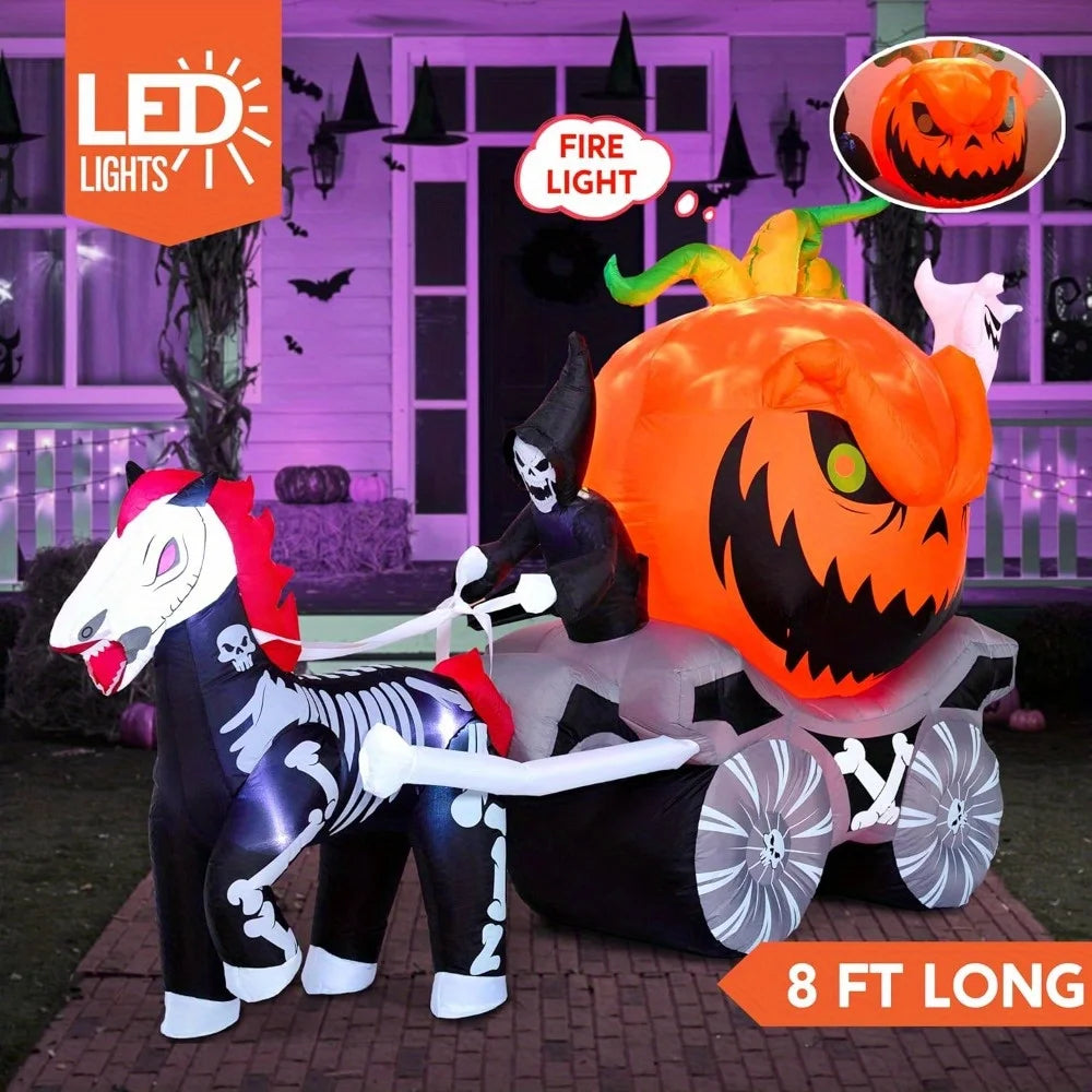 8 ft long pumpkin carriage Halloween inflatable for outdoor yard with built-in LEDs and skeletal horse