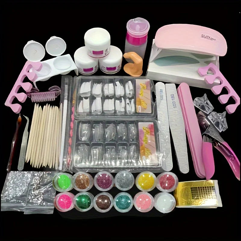 Professional gel nail kit by S And B Enterprise with pink LED lamp, acrylic powders, nail drill, tips and tools