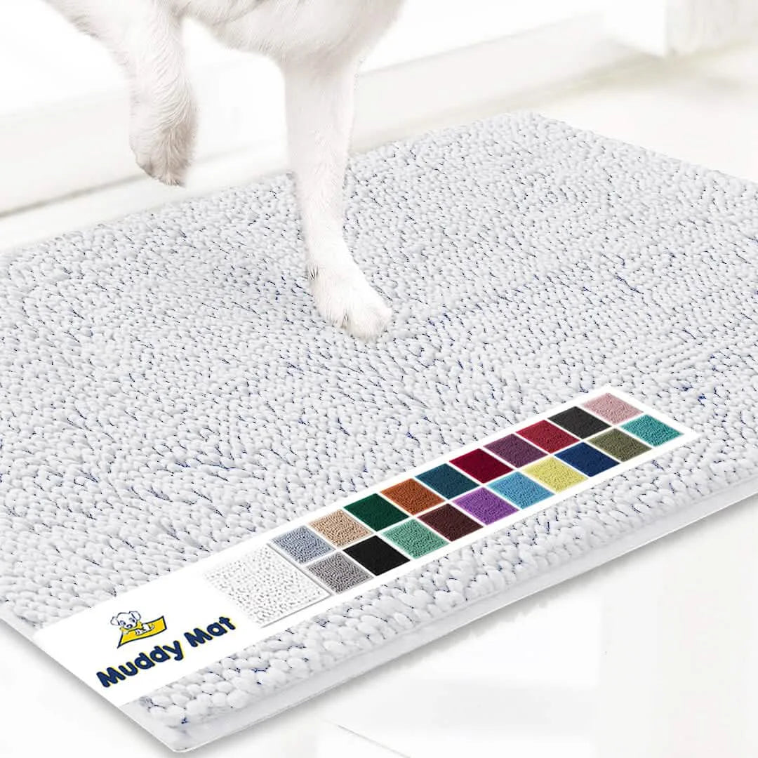 Muddy Mat doormat in light gray microfiber; paw-cleaning rug, highly absorbent, non-slip