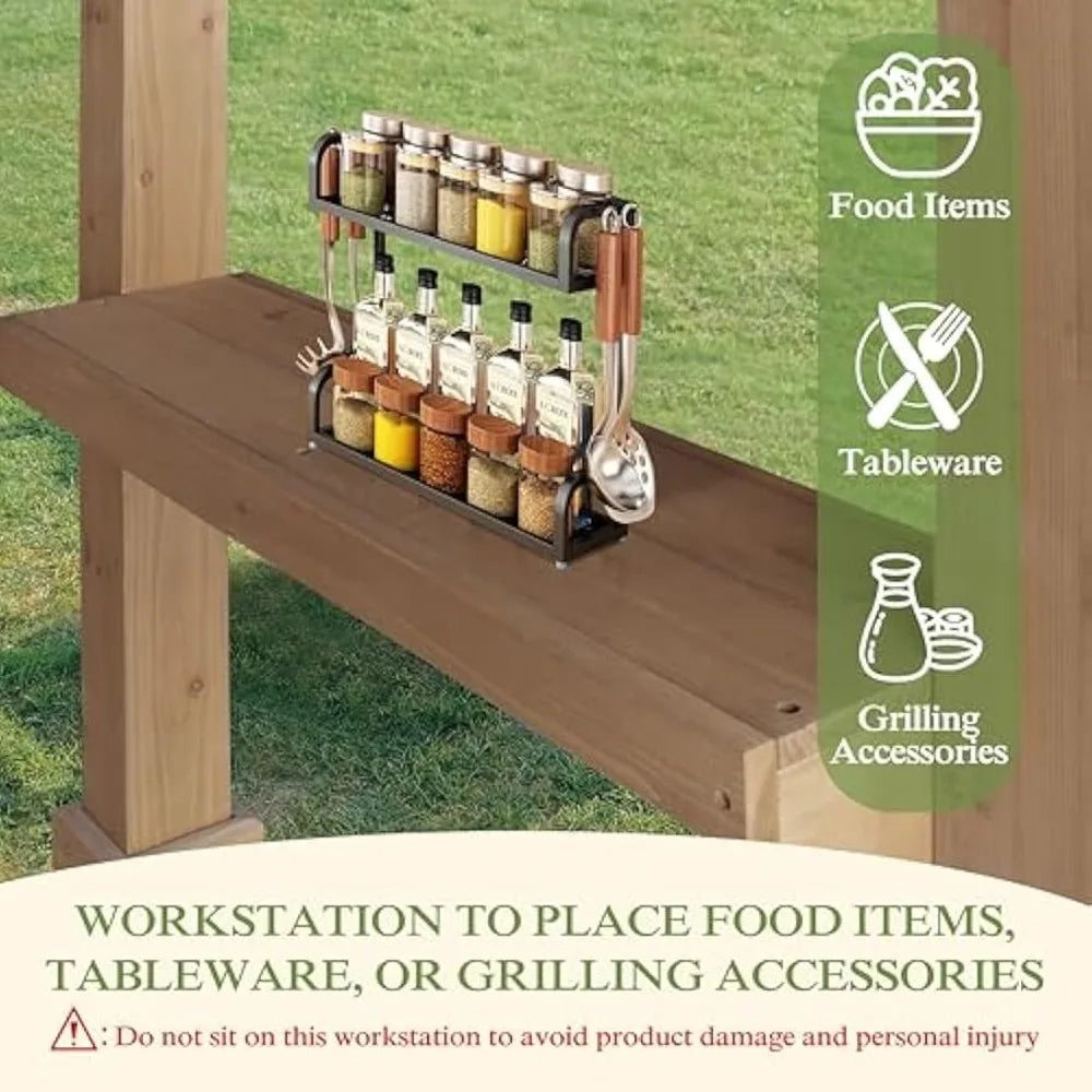 Wooden Grill Gazebo With Sloped Metal Roof And Shelves