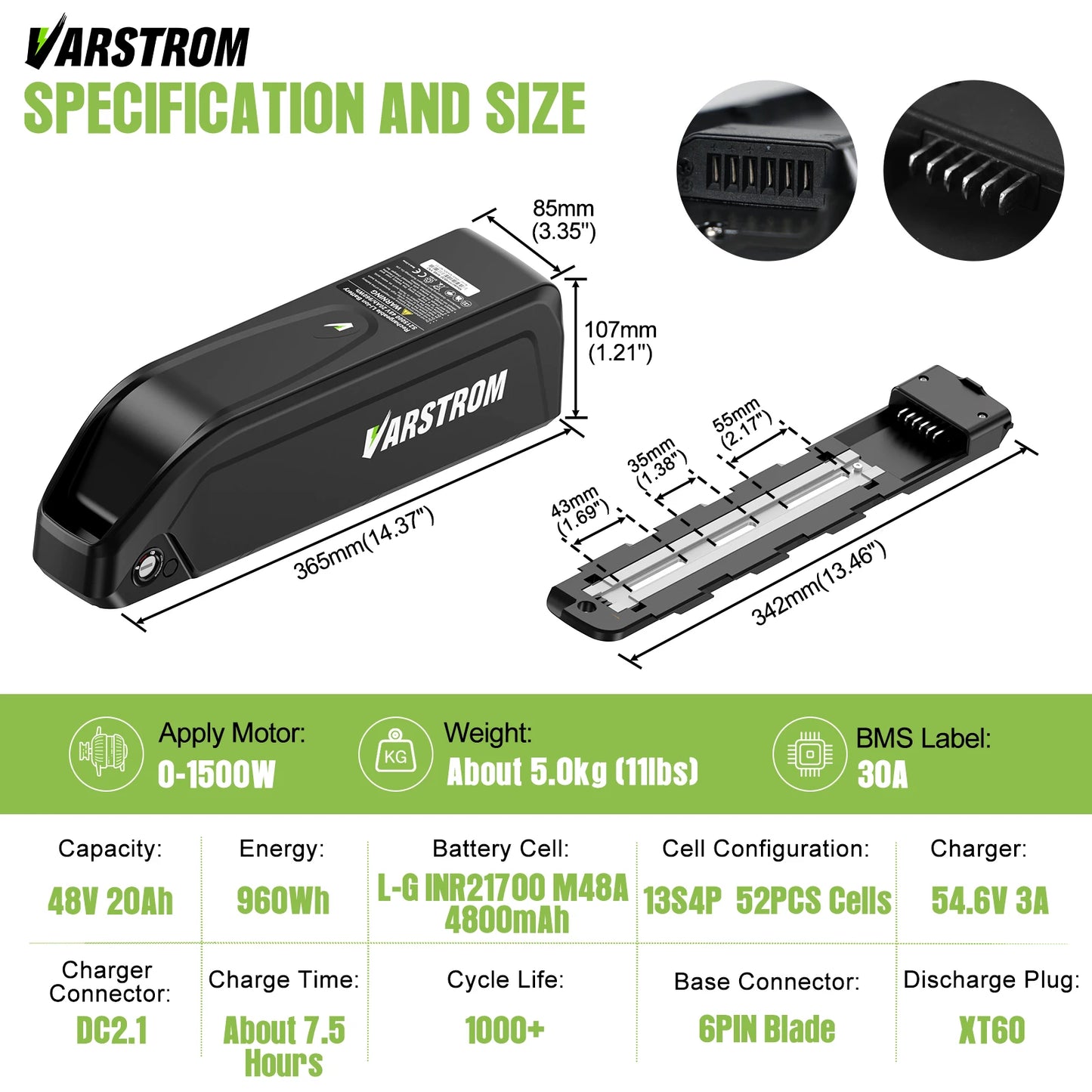 US Direct Hailong Battery Pack 48V 40A BMS Downtube 21700