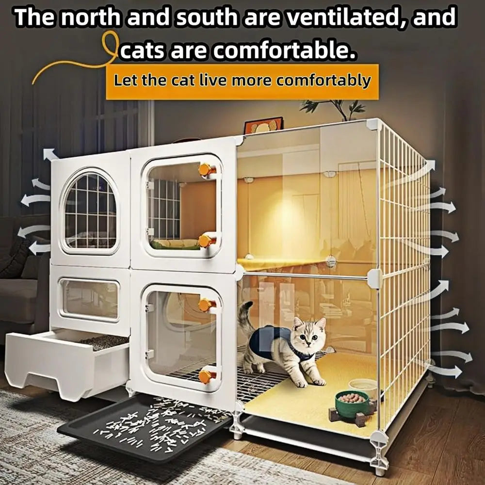 Indoor Cat Cage With Litter Box, Bed, Bowl, Wheels