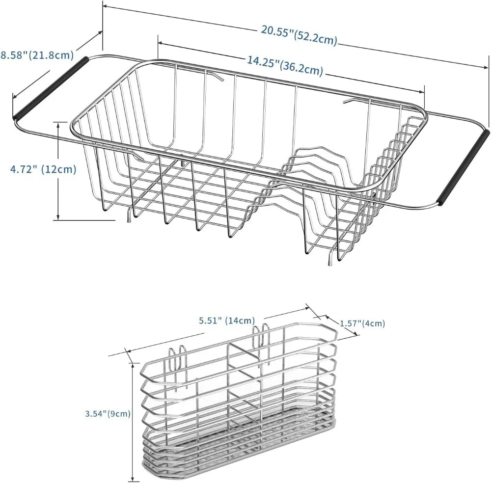 Expandable over-sink dish rack in stainless steel with utensil holder; adjustable 14.25–22.44 in, S And B Enterprise.