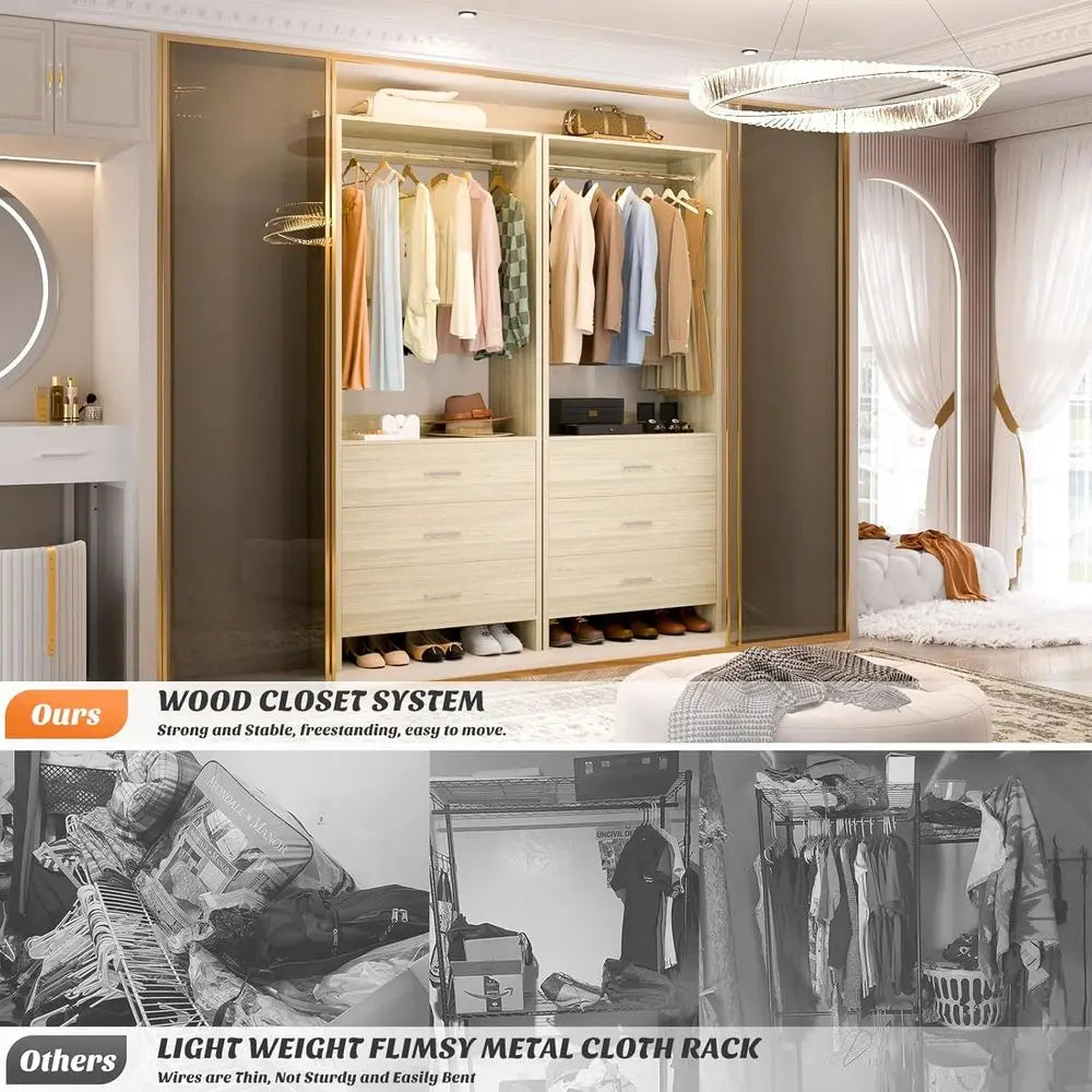 Wood Closet Organizer System With 3 Drawers And Hanging Rods