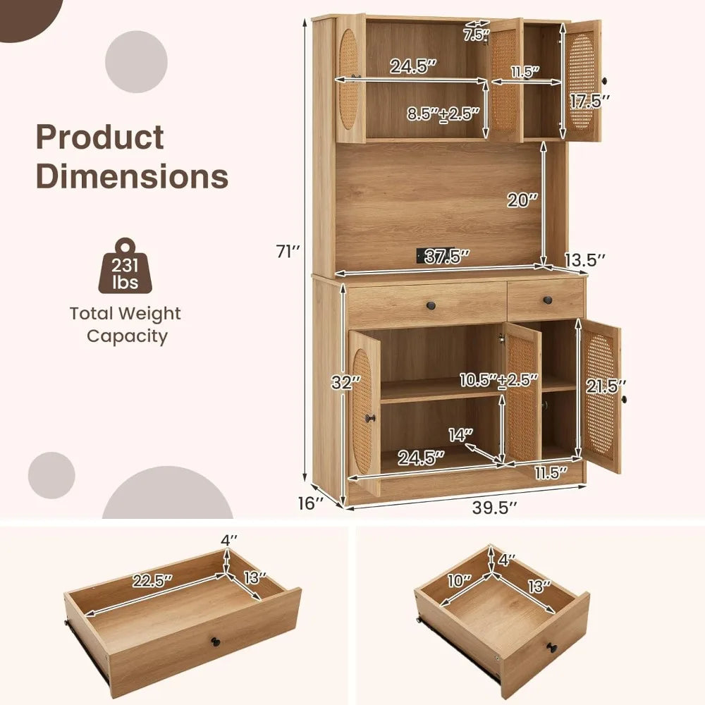 Kitchen Hutch, 71" Tall Boho Pantry Cabinet w/Charging Station, Microwave Countertop, 6 PE Rattan Door, 2 Drawer, Customized by S And B Enterprise