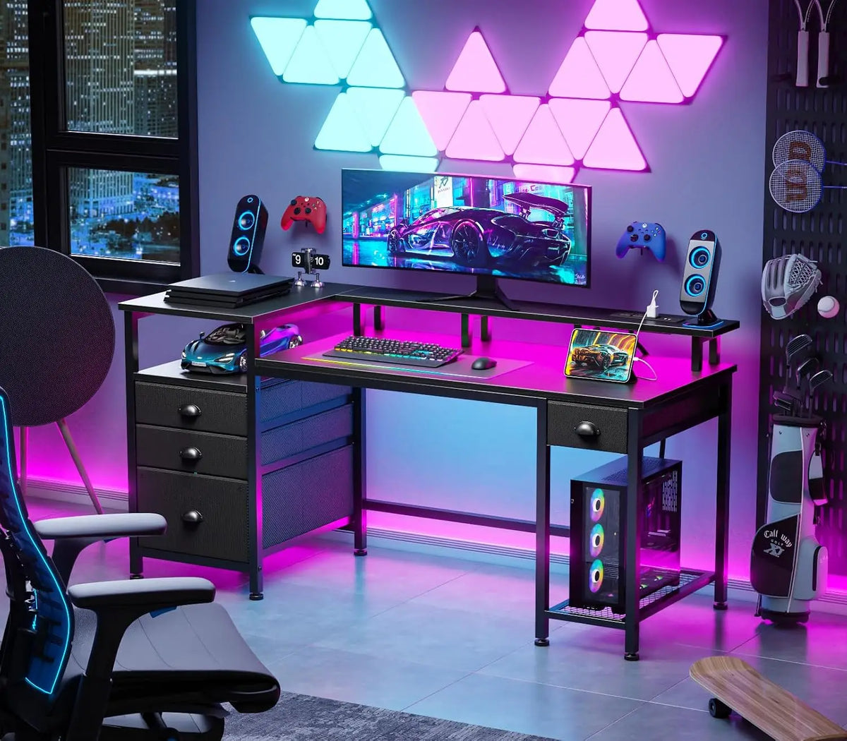 60-inch black computer desk by S And B Enterprise with 4 drawers, printer space, USB outlets, and RGB lighting
