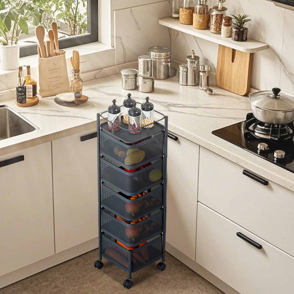 5-Tier Rotating Vegetable Storage Rack with Wheels, Metal Mesh Fruit Basket with Lid, Potato Onion Storage Organizer Cart for Kitchen,Pantry, Rolling Snack Cart for Office,Bedroom, No Assembly