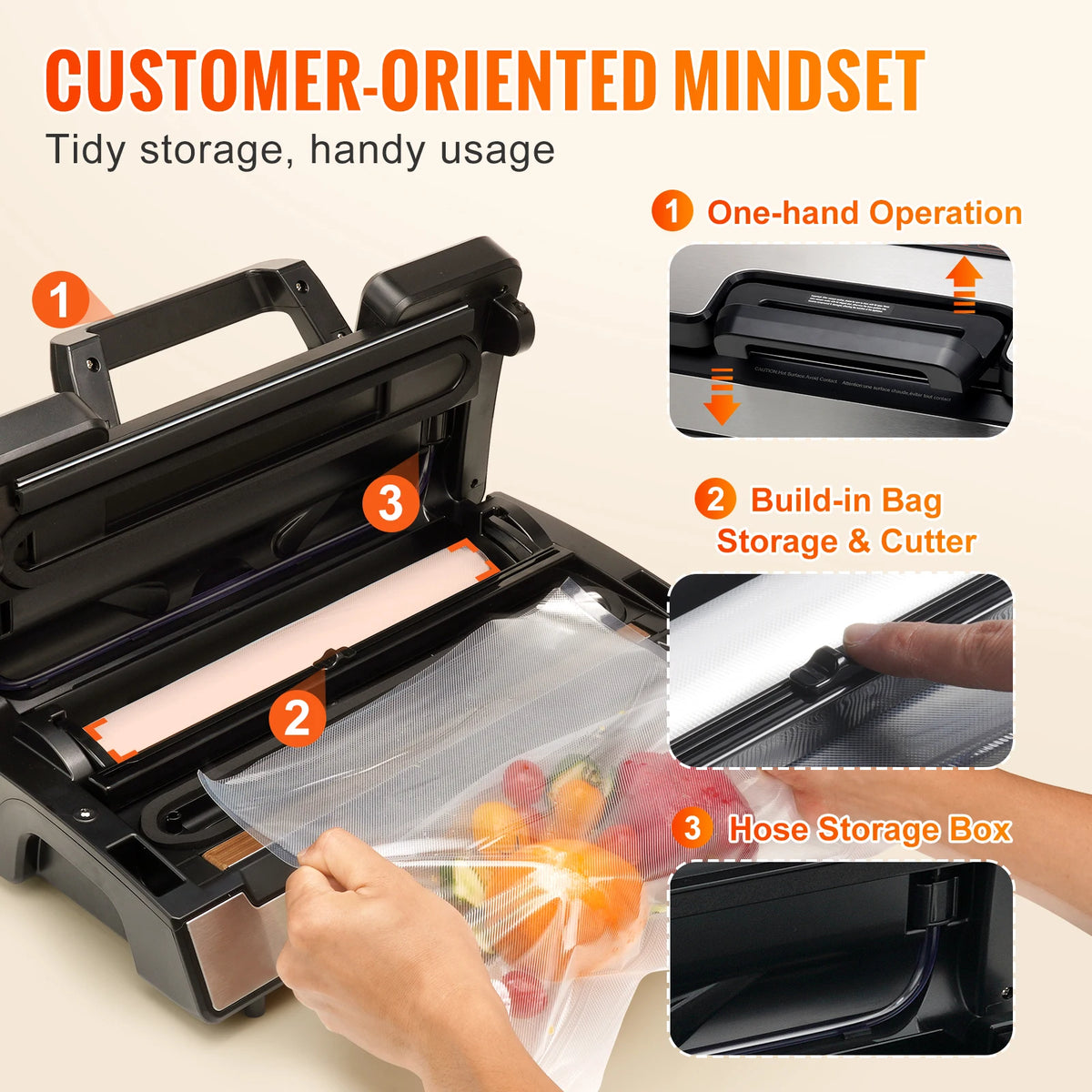 SucceBuy vacuum sealer in black with built-in bag storage and cutter for household kitchen use