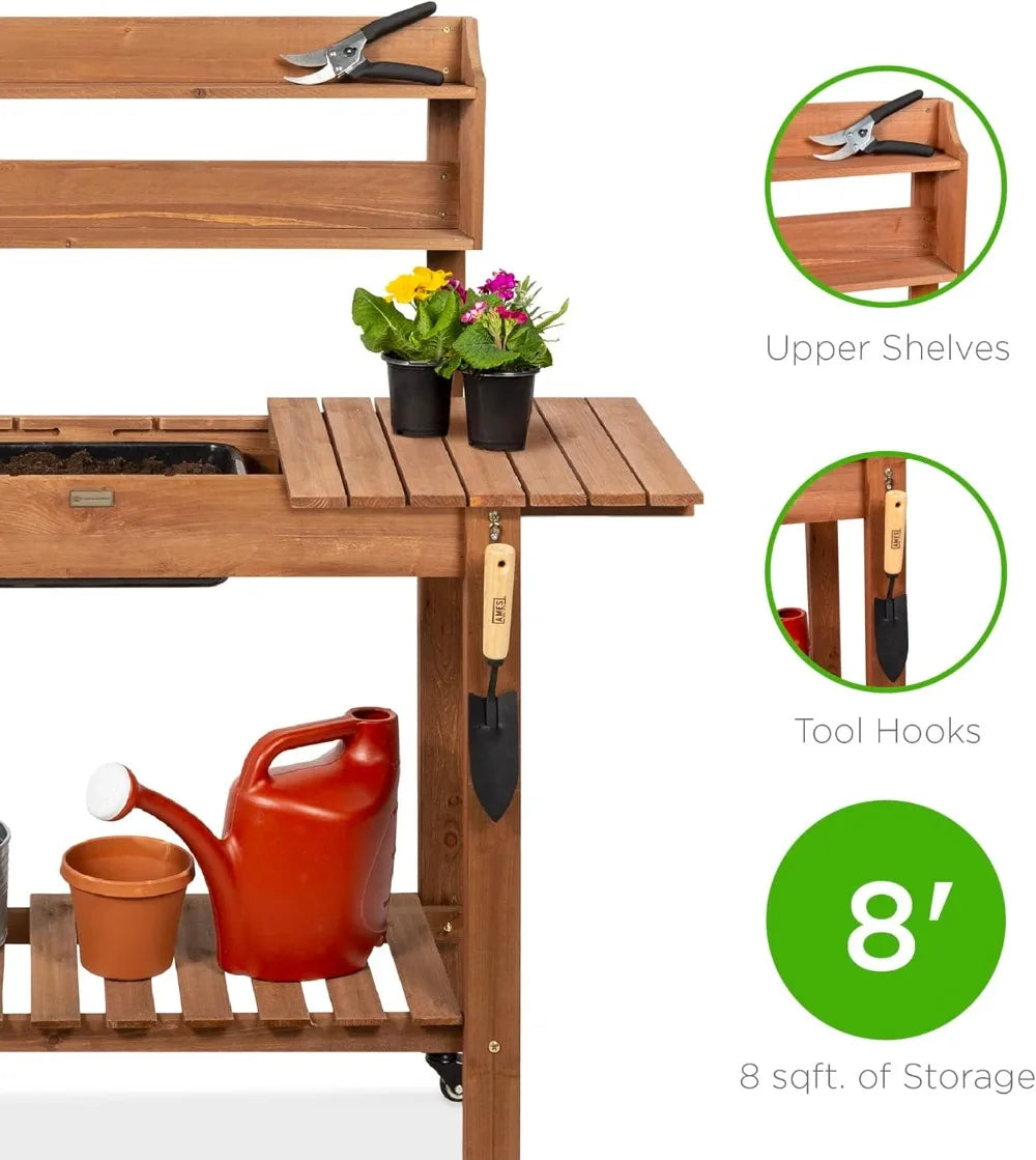 Mobile Potting Bench With Sliding Tabletop And 4 Locking Wheels Storage Shelves