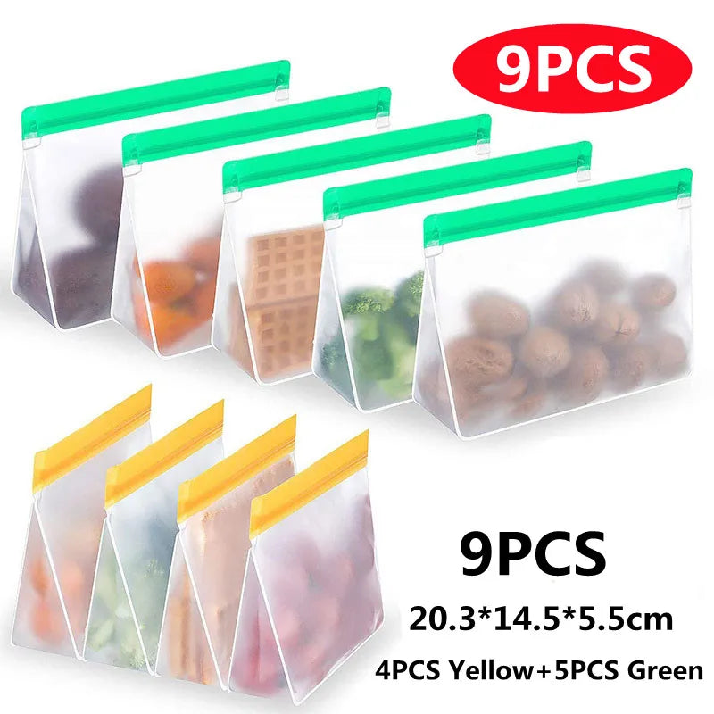 Reusable PEVA silicone food storage bags, 9-piece set with green and yellow zippers for stand-up freezer storage.