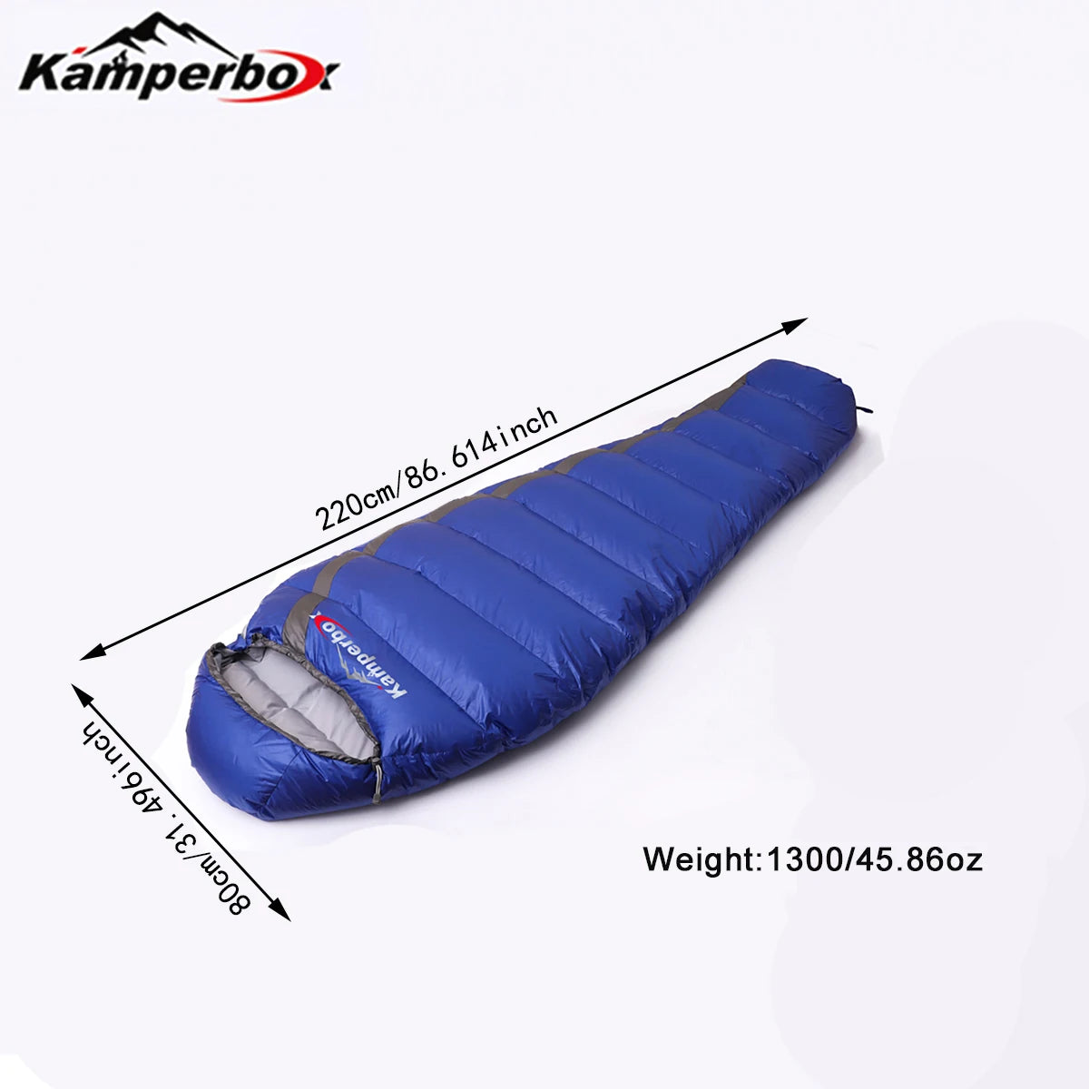 Kamperbox blue down sleeping bag, ultralight winter camping gear; 220 cm long, 80 cm wide, 1.3 kg.