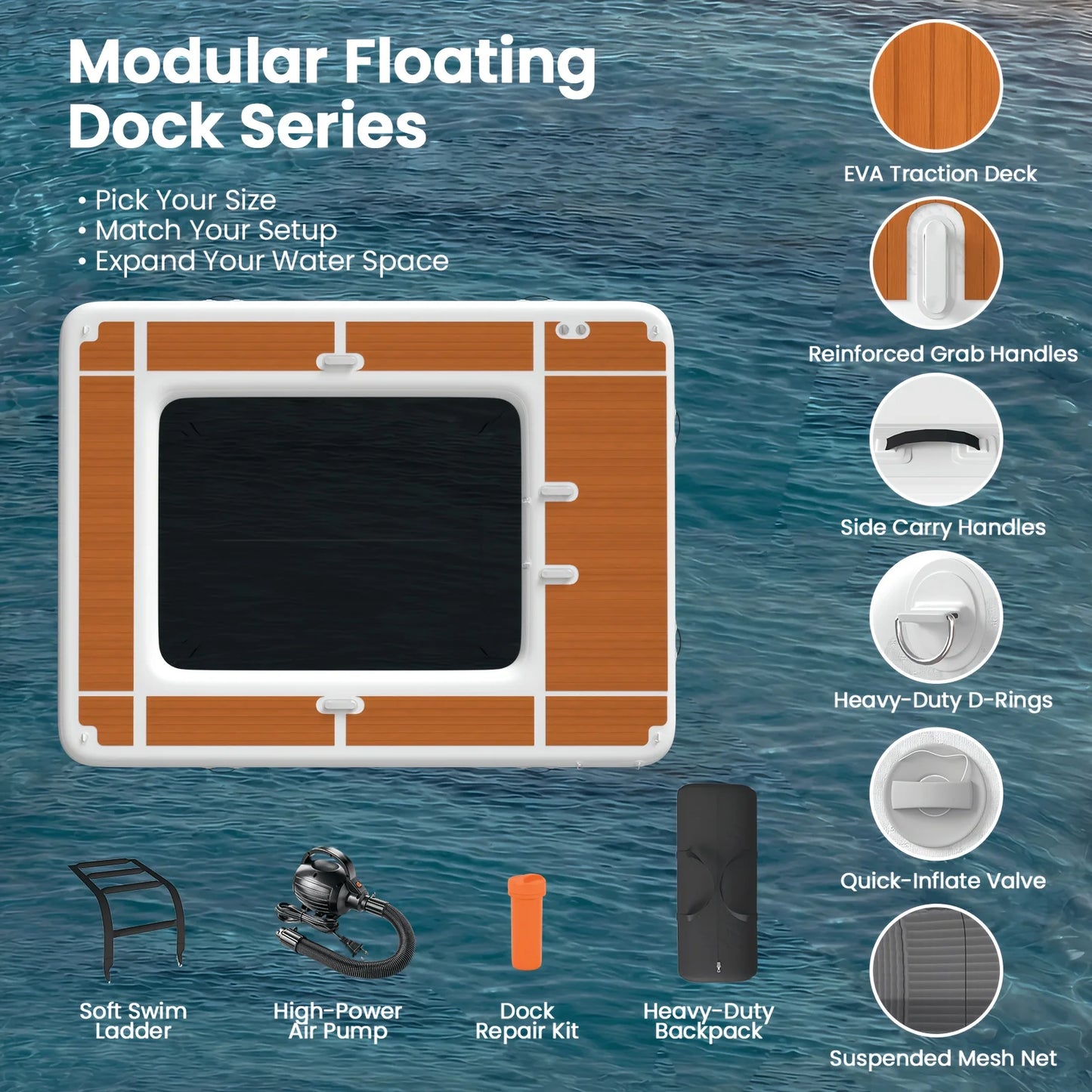 Inflatable floating dock 13ft x 10ft by S And B Enterprise with wood-panel EVA deck