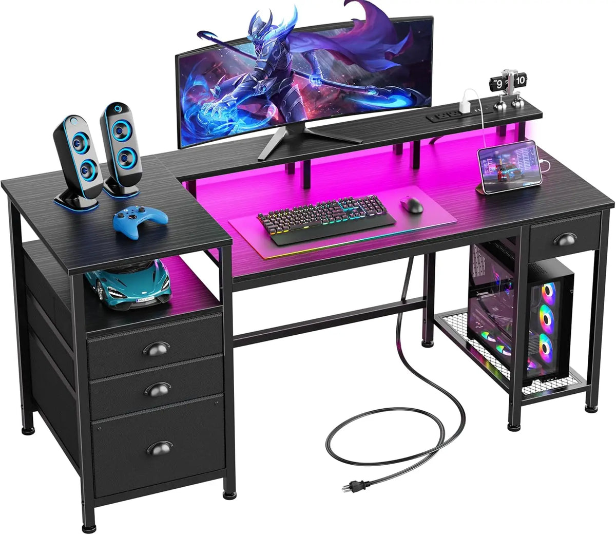 60in black S And B Enterprise computer desk with 4 drawers, printer space, LED lighting and USB outlets