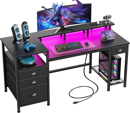 60in black S And B Enterprise computer desk with 4 drawers, printer space, LED lighting and USB outlets