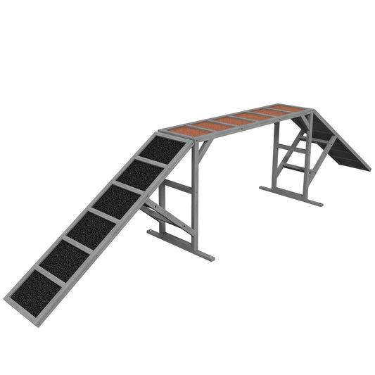 Dog agility ramp with safety bar, gray wooden frame and orange textured non-slip surface for walk-and-pause training.