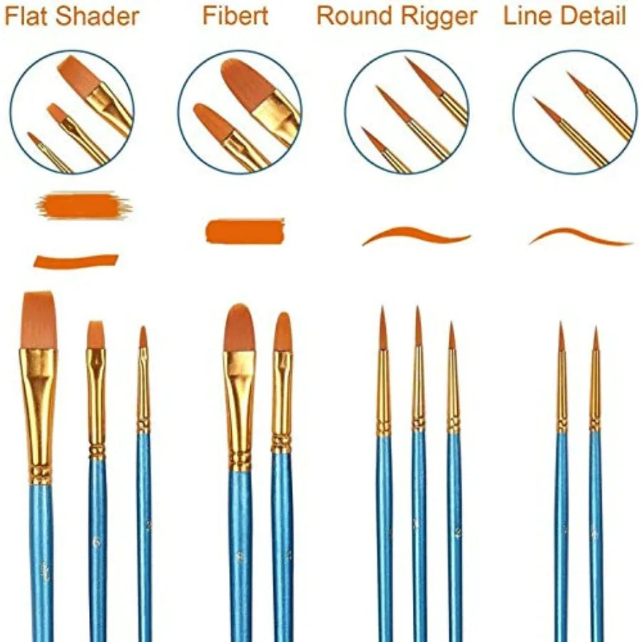 Acrylic Paint Brush Set 1 Pack 10 pcs Watercolor Brushes with Nylon Hair for All Purpose Oil Watercolor Painting Artist Profess by S And B Enterprise