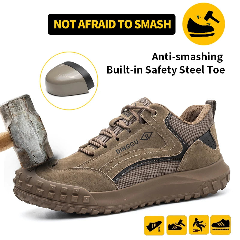 All-season men's safety work shoe with steel toe and anti-smash protection, brown rugged boot.