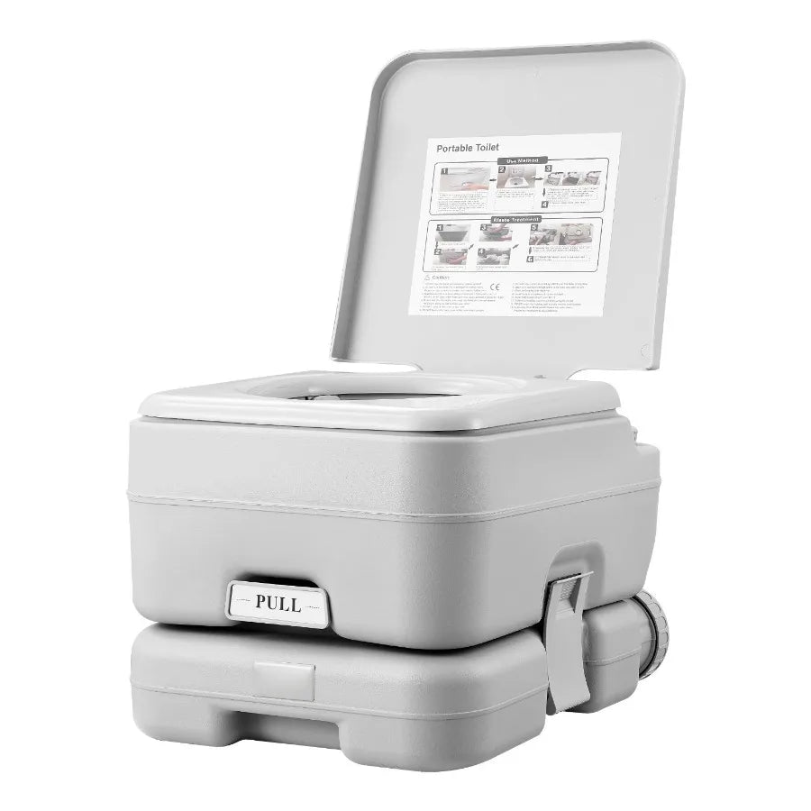 Portable camping toilet by S And B Enterprise with 3.2 gal waste tank and push-button flush