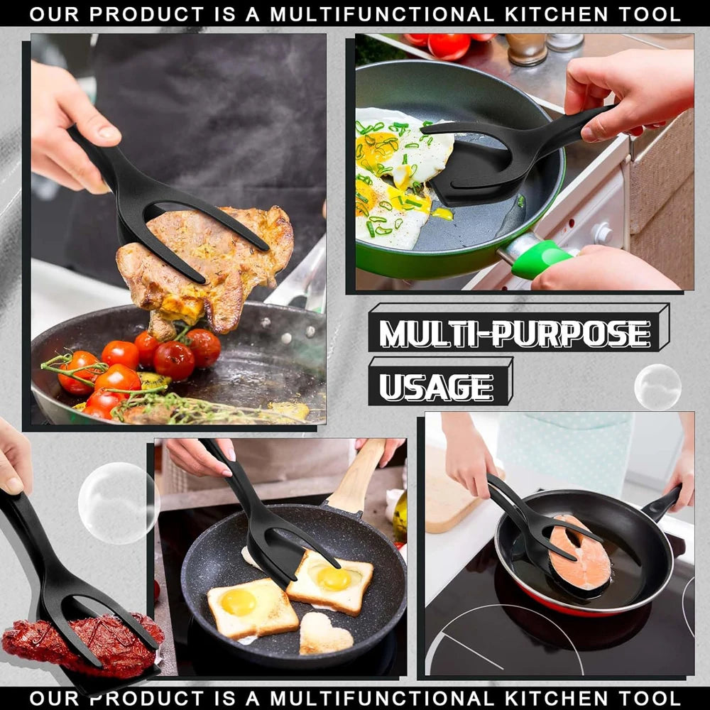 2 in 1 Grip Flip Spatula Clamp Egg Pancake Fish French Toast Omelette Making Non Stick Home Kitchen Cooking Turner Tool by S And B Enterprise